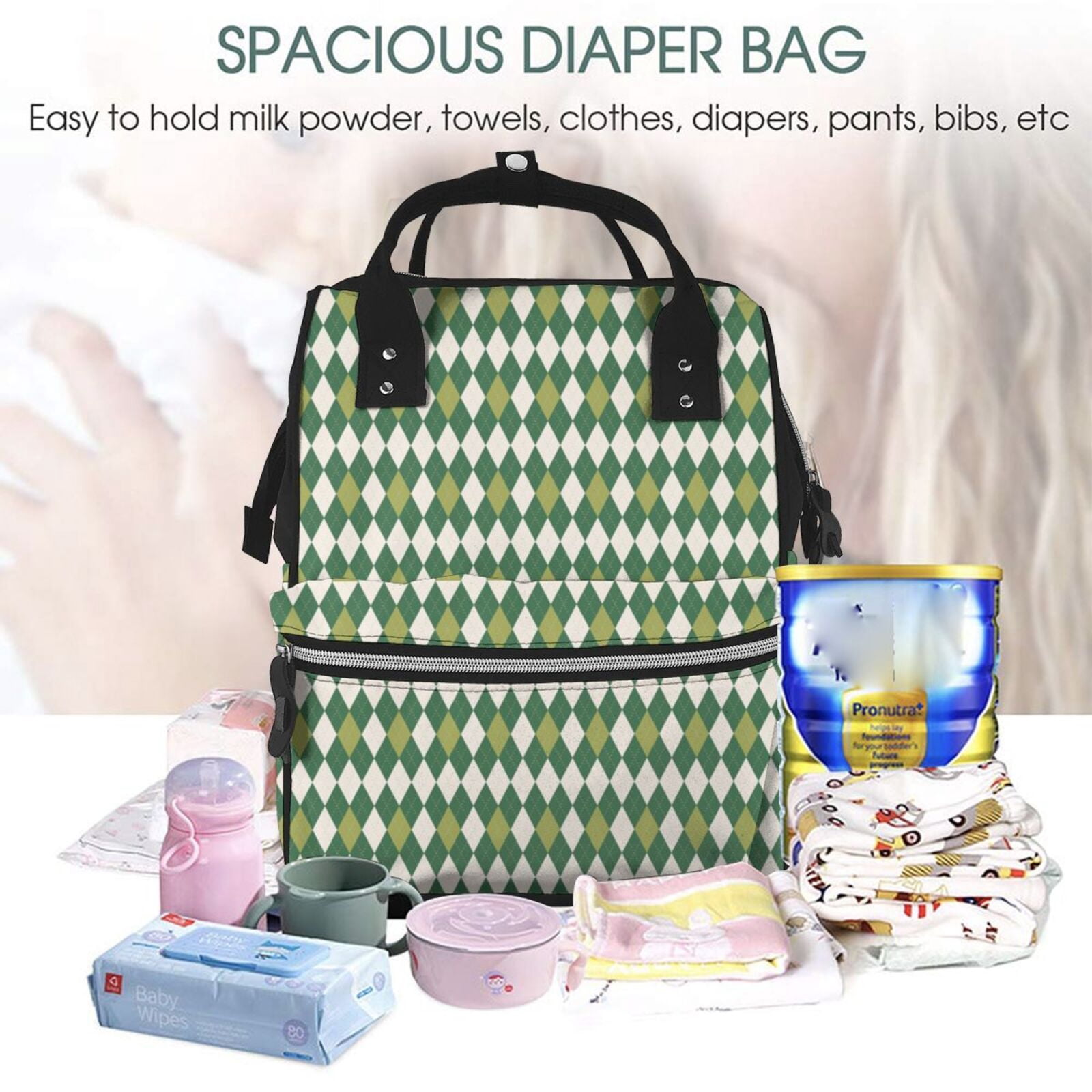 Ratiio Light Green Squares Mummy Backpack - Waterproof Twill Canvas, Large Capacity Diaper Bag with Multiple Pockets and Adjustable Straps