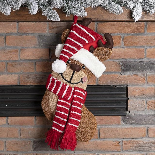 UrbanMingle 19" L 3D Reindeer Christmas Stocking Oversize Handmade Hooked Xmas