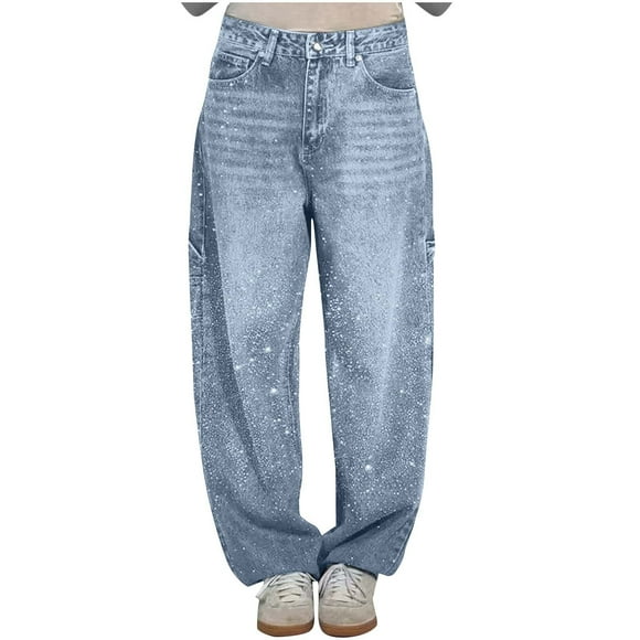 Miqool Women's Sparkly Rhinestone Jeans High Waisted Straight Wide Leg Denim Pants Casual Baggy Boyfriend Trousers with Pockets Streetwear
