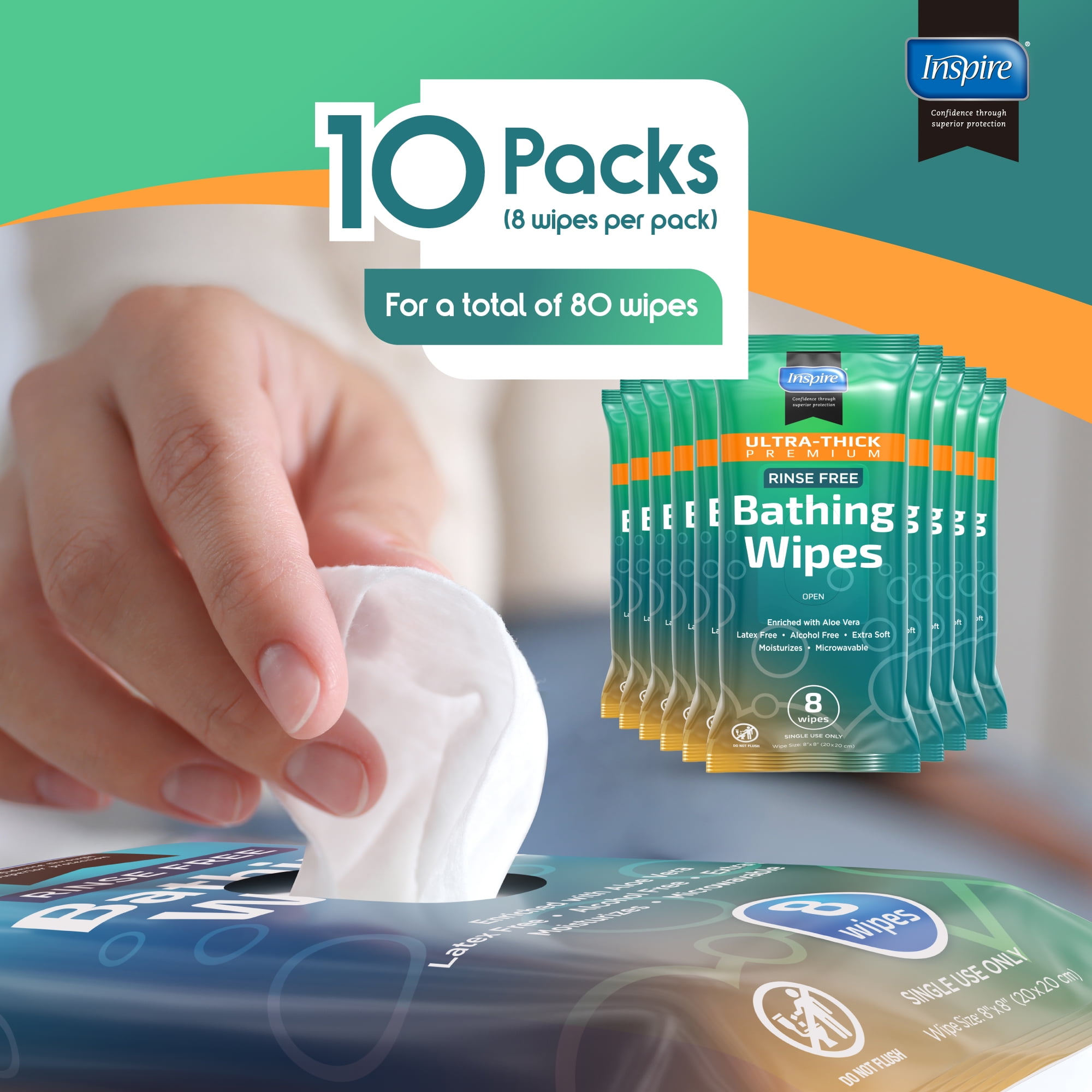 INSPIRE Ultra Thick Rinse Free Adults Bathing - Wet Wipes Thick Strong XL with Aloe,10 Pack