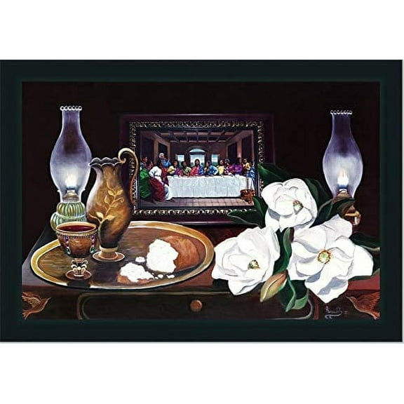 Black Last Supper with Magnolias | Framed Religious Black Art | 28L X 40W" Inches