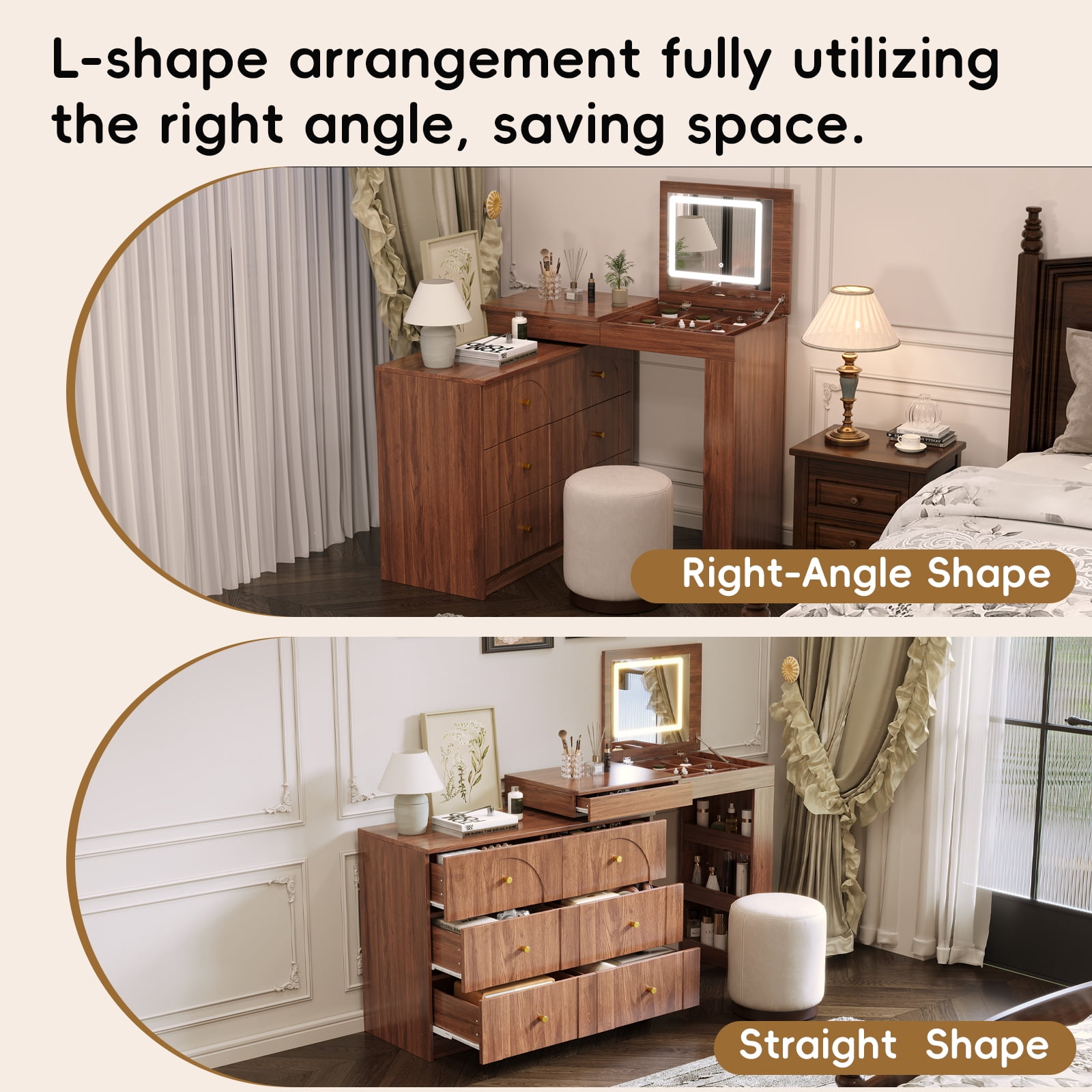 Aukfa Vanity Desk with Mirror,Flip-Top Tabletop & 7 Drawers, Corner Vanity Set, Walnut