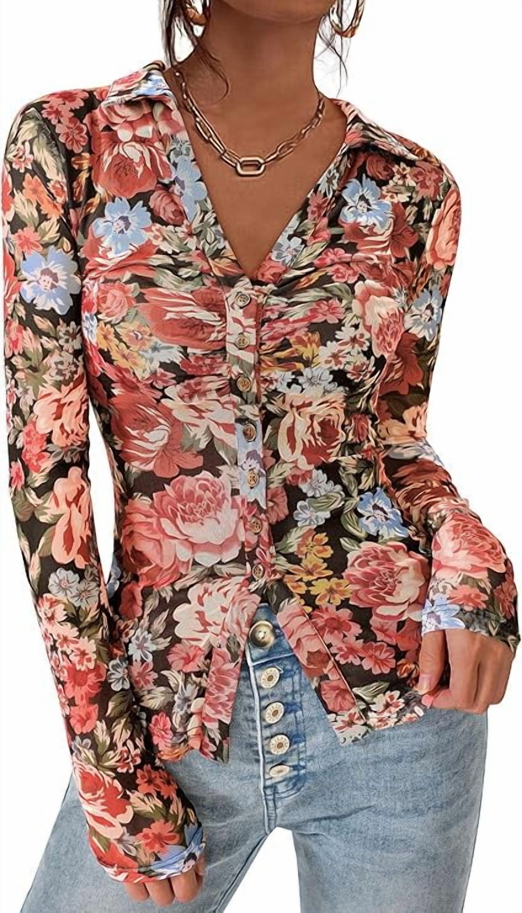Prettygarden Women's Floral Button-Down Ruched Blouse photo 1