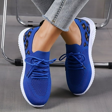 Women s Casual Sneakers  Flying Woven Leopard Pattern Breathable Lace-up Running Shoes  Women s Footwear