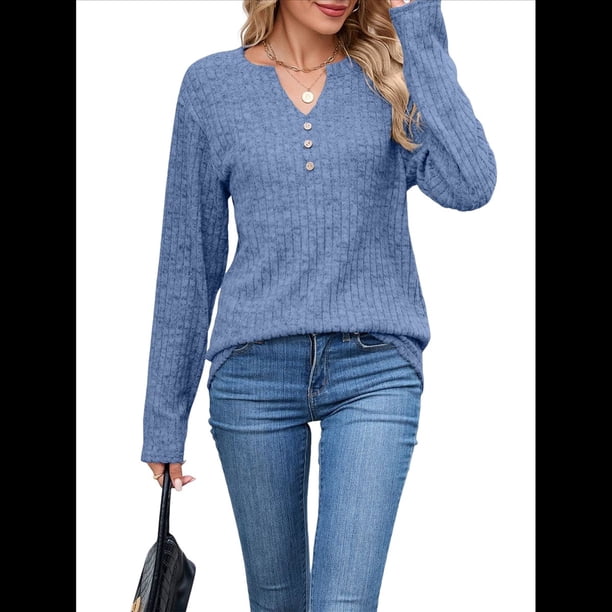 Camisas de Larga para Mujer, Suéteres Elegantes Informales con Botones y Cuello en V, Tops Tipo Jersey, Conjuntos de Otoño. Azul L