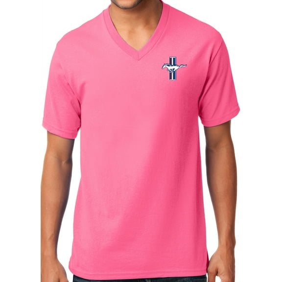 Ford Mustang GT Legend Lives Crest V-neck Tee Shirt, 2XL Neon Pink