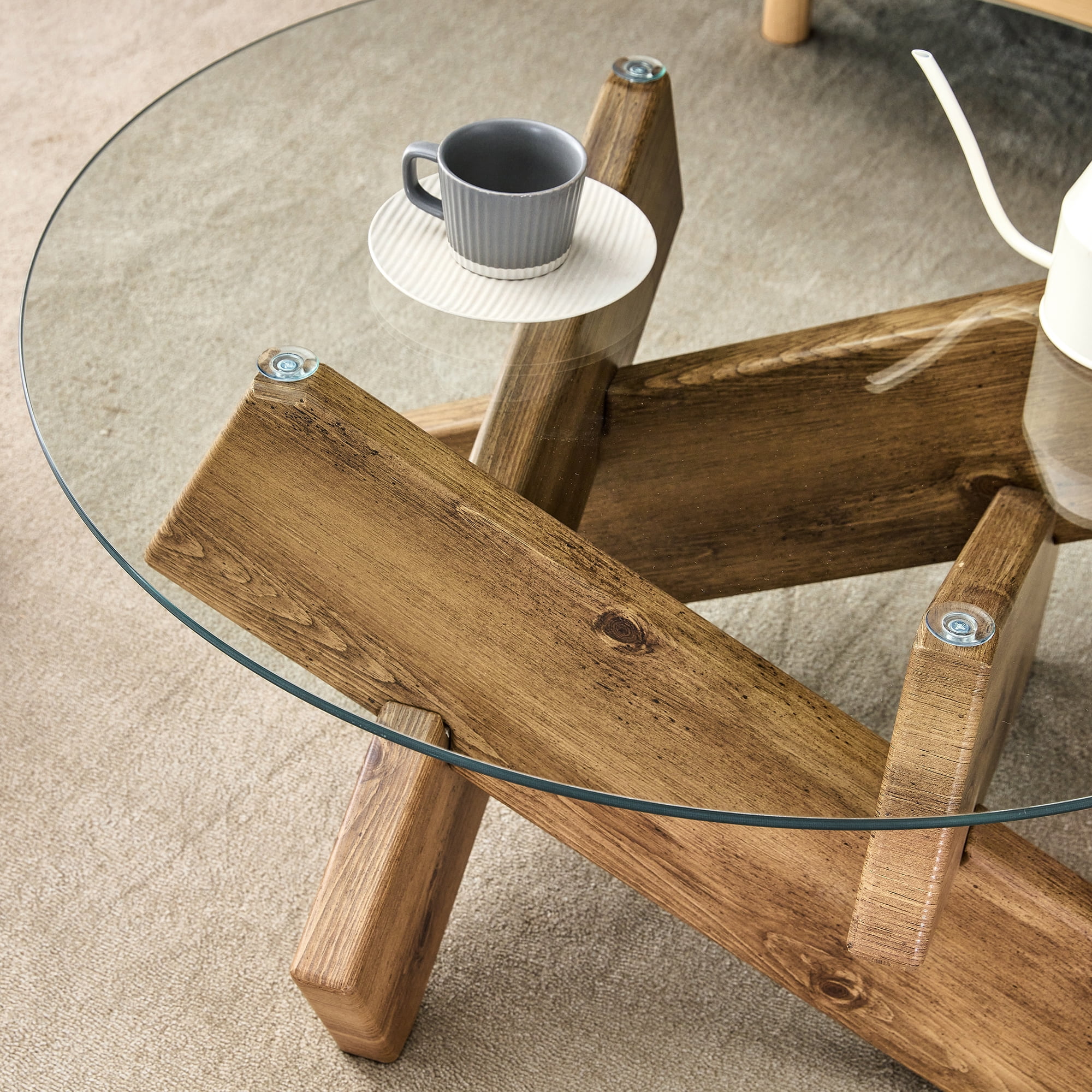 NYEESS 33.4" Round Glass Coffee Table, Tempered Glass Top with Rustic MDF Legs, Natural Farmhouse Style Living Room Accent Table