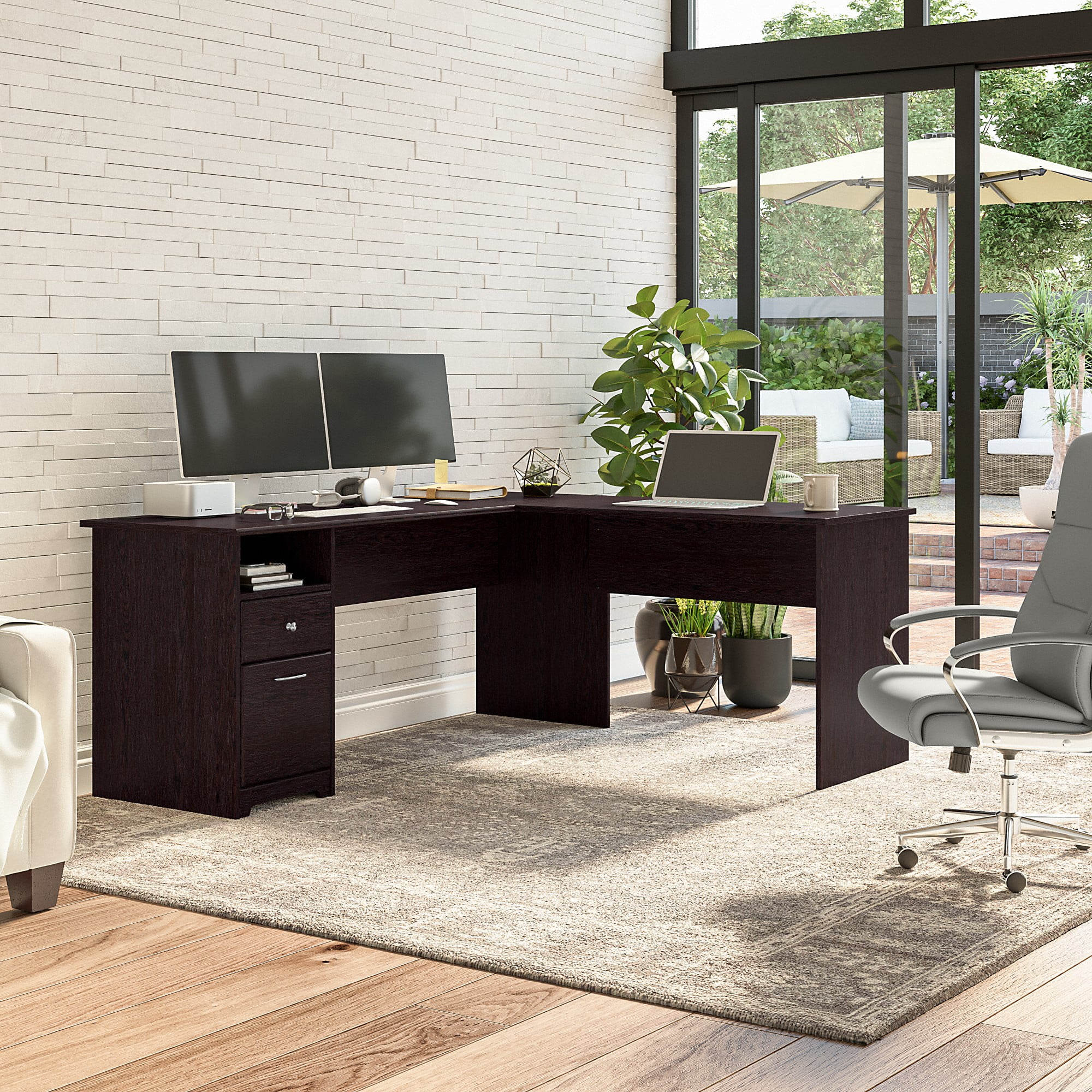 Bush Furniture Cabot 72" L Shaped Desk with Storage, Espresso Oak