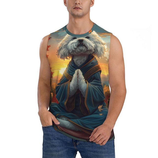 Balery Sunset Meditating Bichon Frise Camisetas sin mangas para hombre, absorbe la humedad y protege contra el mal olor.-X-Large