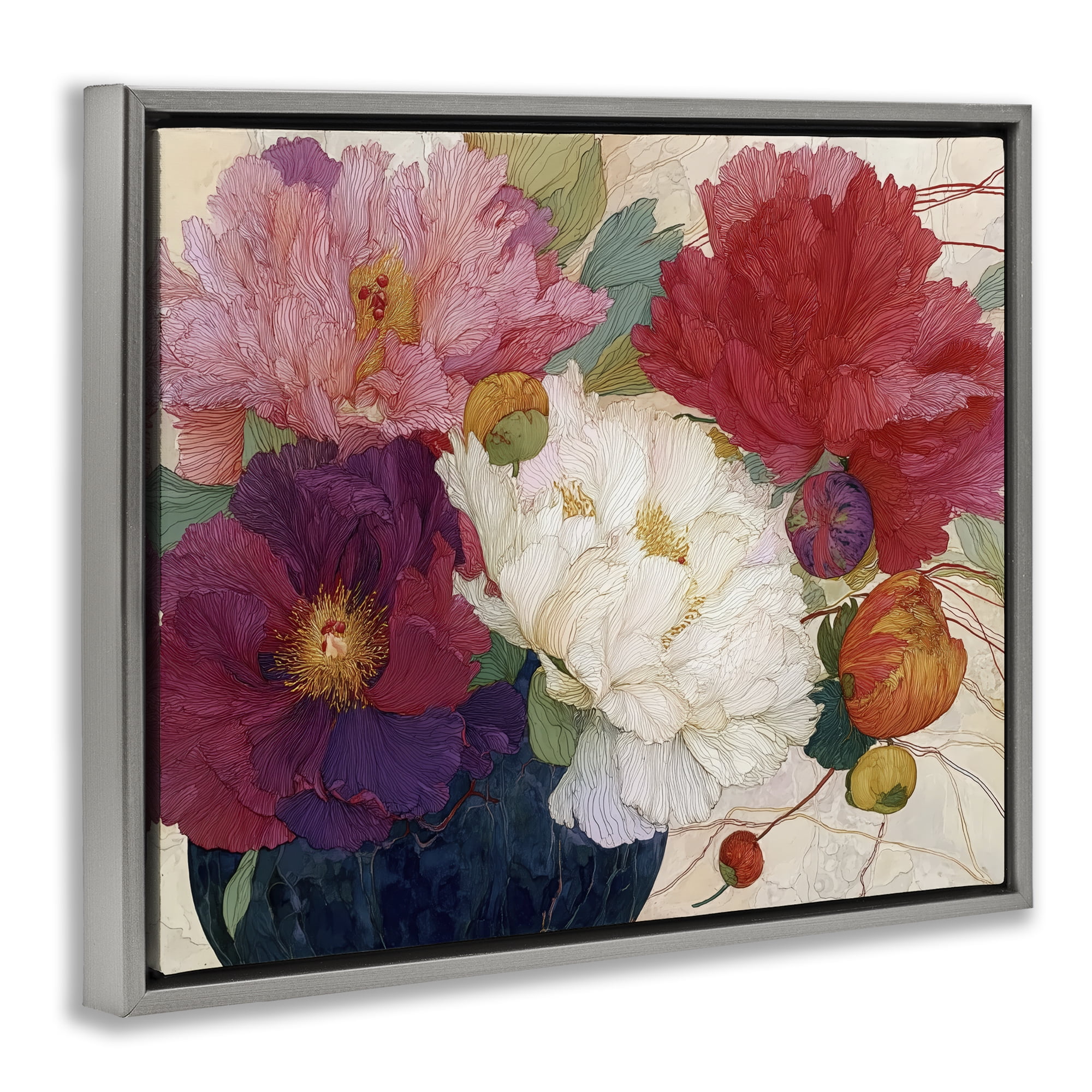 Haiku Ornate Flower Petals Gray Framed Floater Canvas Wall Art, design by Annabelle Hall