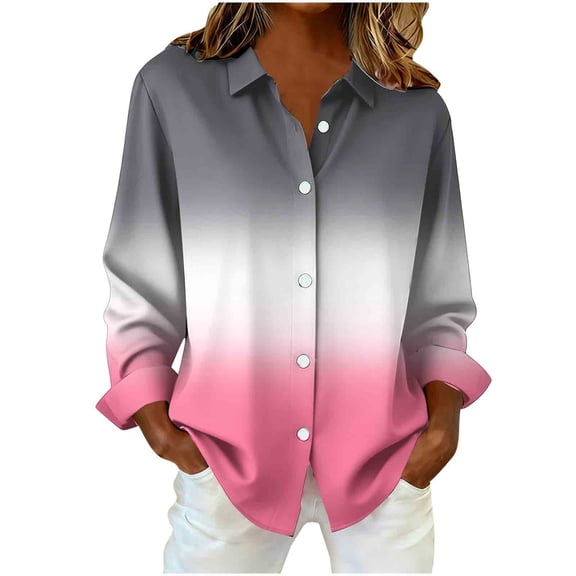 QQAMB Blouse for Women Plus Size Lapel Dressy Gradient Loose Long Sleeve Button Down Shirts Going Out Business Casual Tops