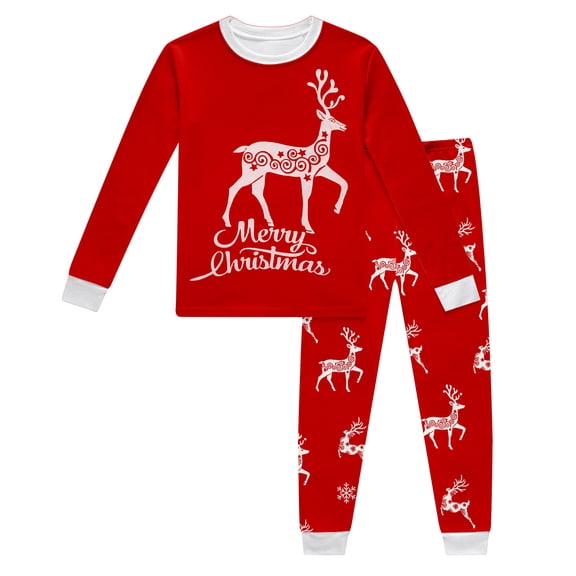 Bainana Unisex Christmas Pajamas For Kids Reindeer Print Long Sleeve T-Shirt Pants Nightwear Boys And Girls Relaxed Fit Matching Set, Size 2-3 Years