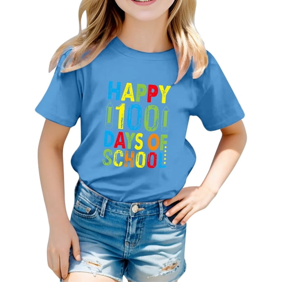 WMQPNNS 100 Days of School Shirt for Unisex Kids Boys Tops for Girls 10-12 Casual Short Sleeve Basic Tops Crewneck Graphic Tees Girls Outfits(Size 12-13 Years,Blue)