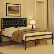Yaheetech Metal Platform Bed Frame with Faux Leather Upholstered Height-adjustable Headboard, Queen Size, Elegant Black