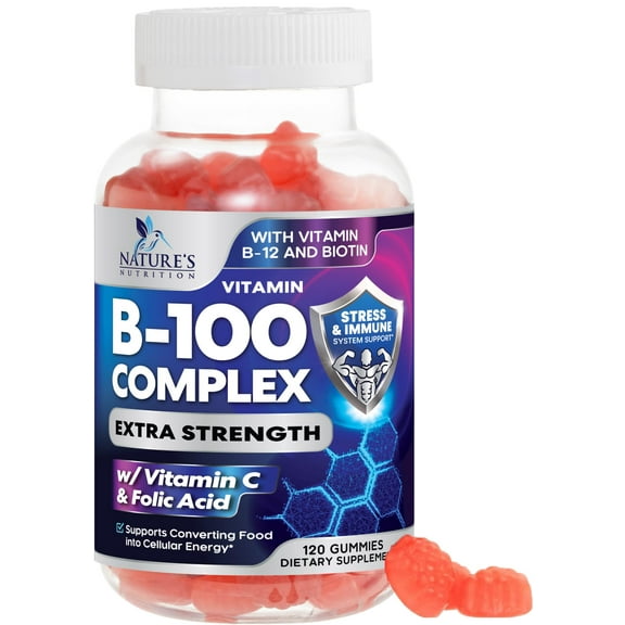 Vitamin B Complex Gummies - Extra Strength Super B Vitamin Gummy with Vitamin C, Immune Support for Men & Women - Energy and Brain Support Supplements with Folic Acid, Niacin, B6, B12 - 120 Gummies