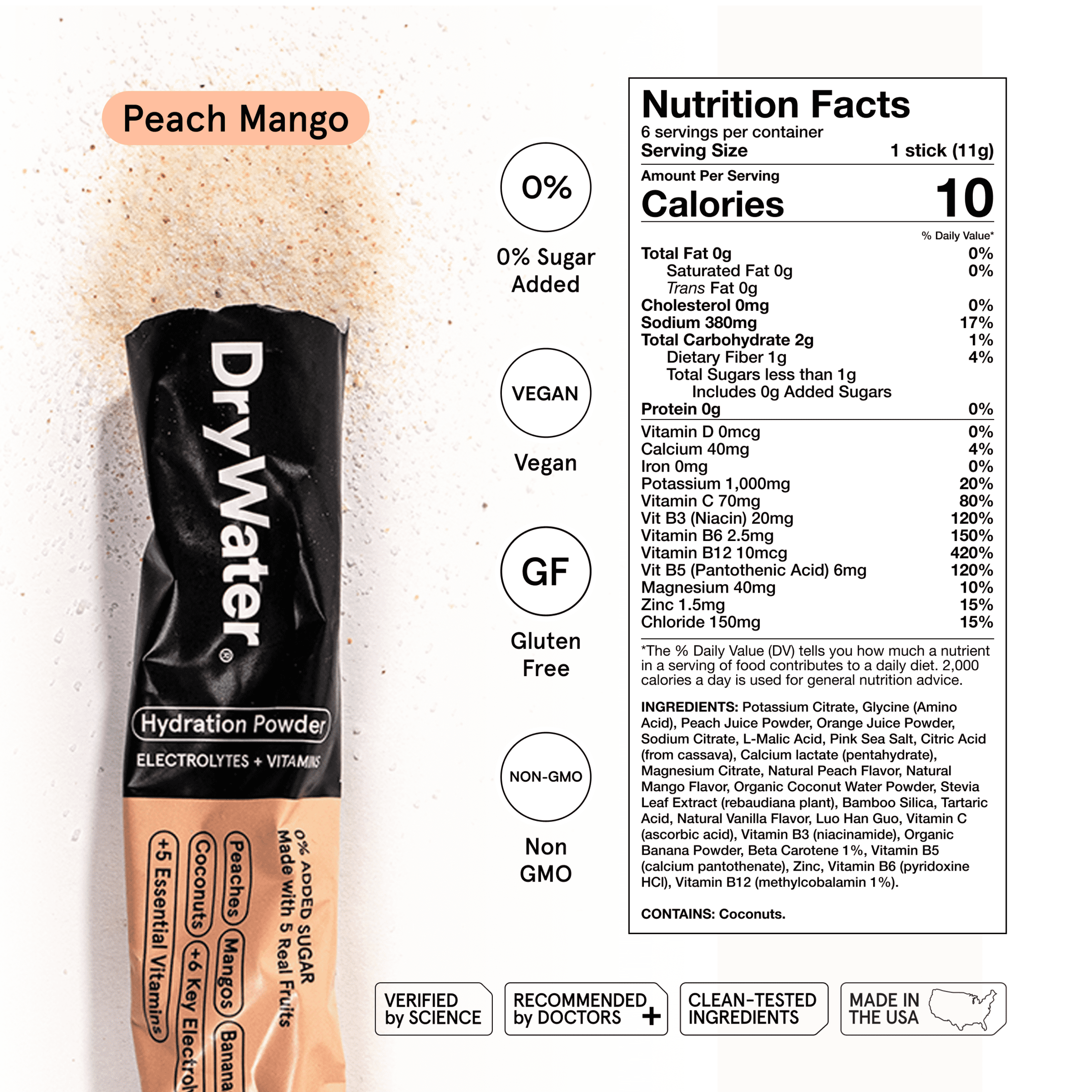 DryWater Hydration Powder with Electrolytes and Vitamins, Peach Mango Flavor, 6 Pack