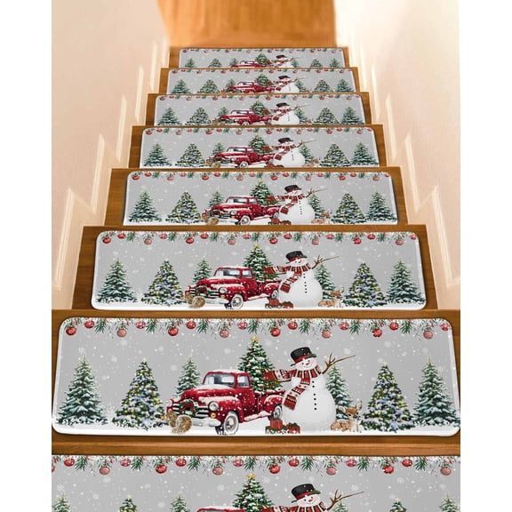 Grey Christmas Stair Treads for Wooden Steps Indoor Runner Rug Carpet, Snowman Xmas Truck Balls Tree 4 Pieces Peel and Stick Staircase Step Treads Covers Washable Throw Door Mats, 30"x8"