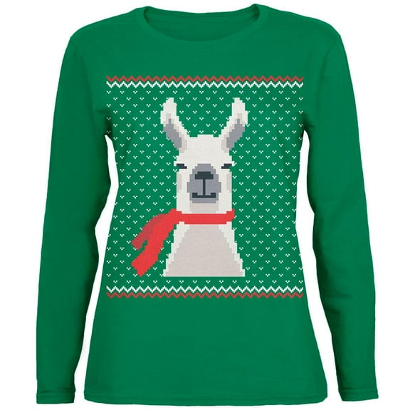 Ugly Christmas Sweater Big Llama Green Womens Long Sleeve T-Shirt - Medium