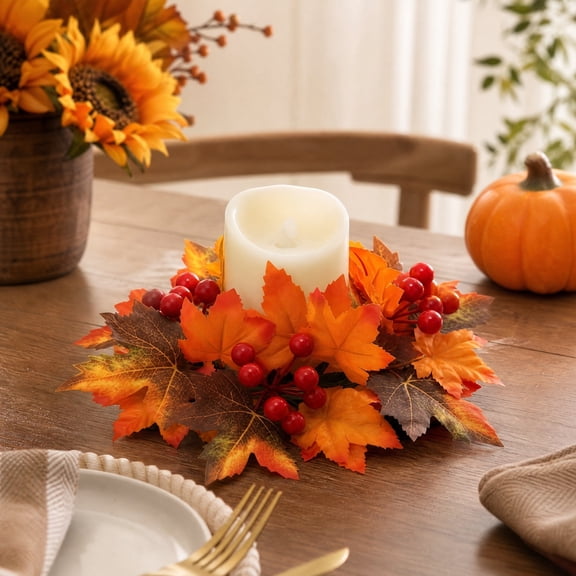 Cheapark Fall Red Berry Maple Leaf Candle Holder Wreath, Thanksgiving Harvest Centerpiece Decor, Tabletop Thanksgiving Holiday Candle Decoration Wreath Gift