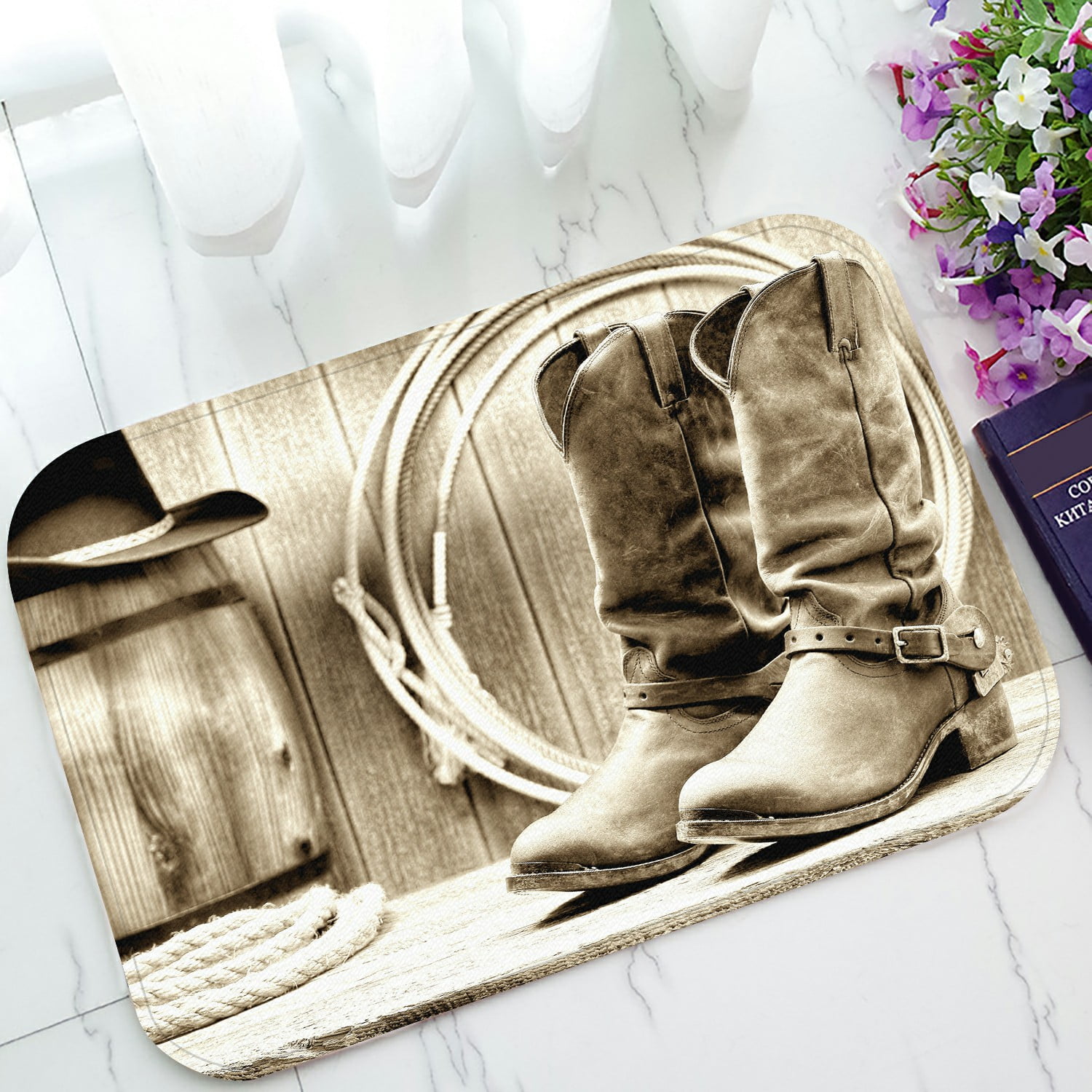 ABPHQTO West Cowboy Leather Rancher Boots Spurs Wood Barn Doormat