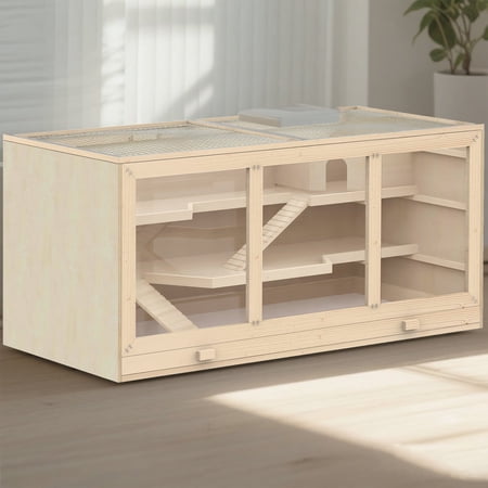 YIYADO Extra Large Wooden Hamster Cage Gerbil Cage Hamster Habitat with Opening Roof Hut Natural