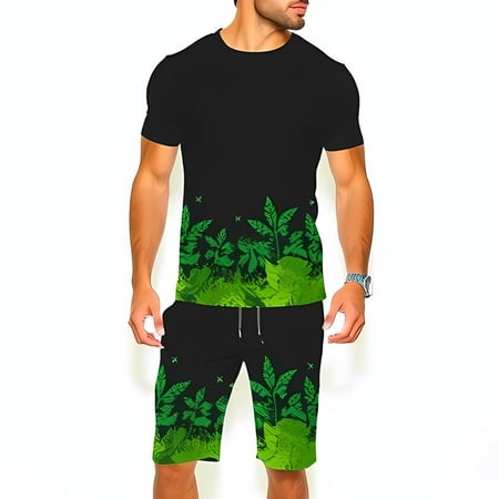 Men s Two-Piece Outfit: Black T-Shirt & Shorts Set with Vibrant Green Foliage Print Design