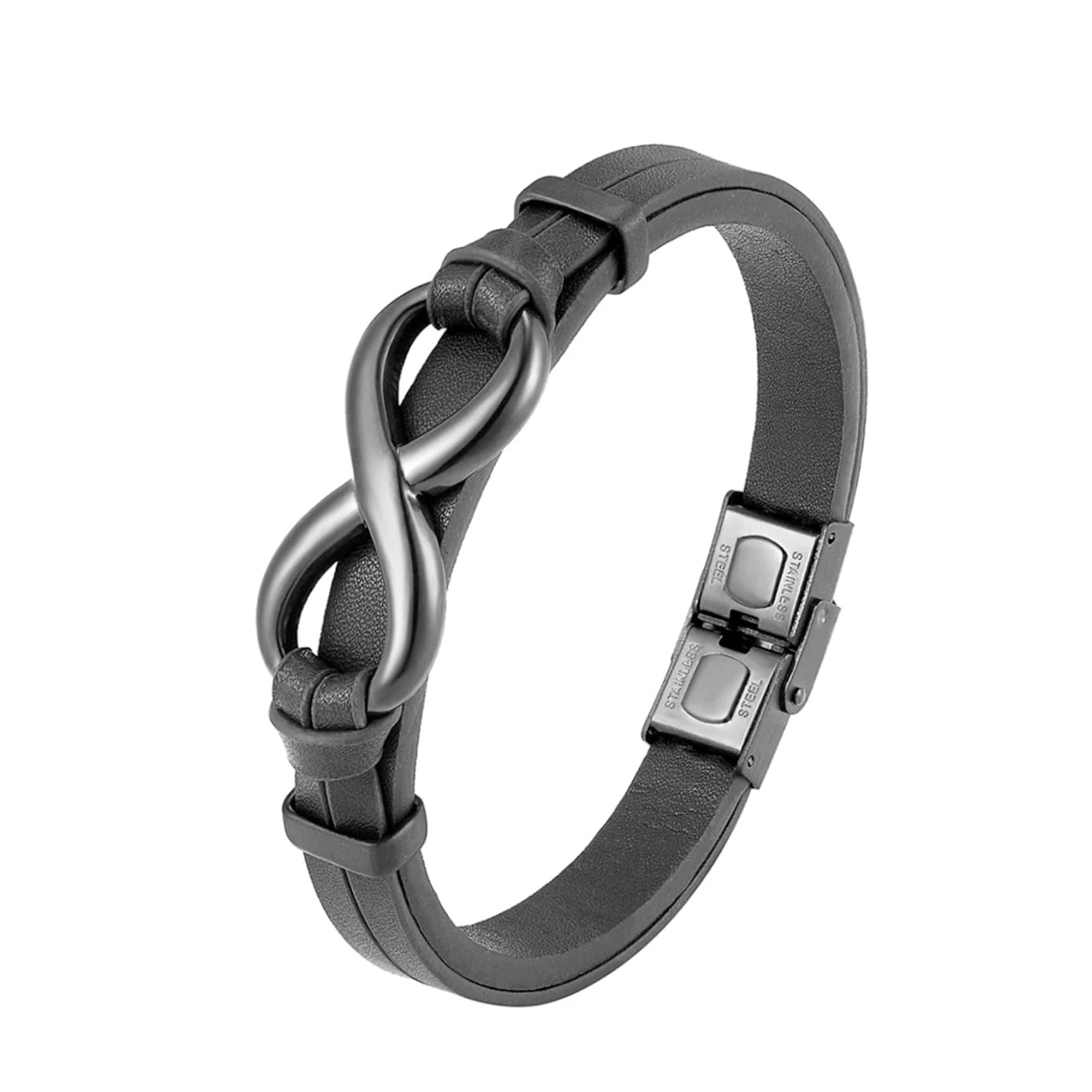Fashion Mens Womens Stainless Steel Rhinestone Infinity Black Leather Bracelet 