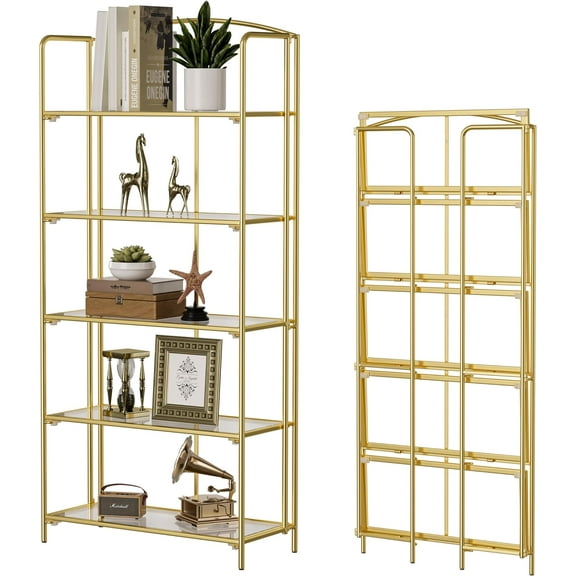 No Assembly Folding Bookshelf for Living Room, 5 Tier Gold Collapsible Book Shelf for Home Office, Portable Bookcase Storage Organizer