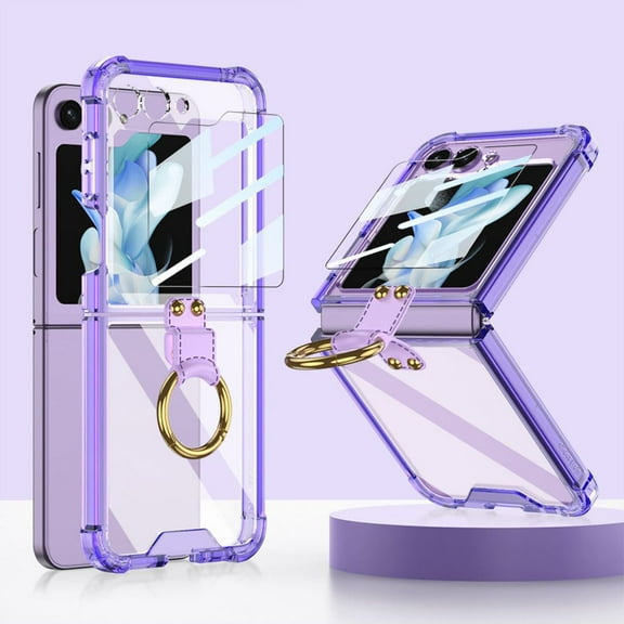 Haobuy Compatible with Samsung Galaxy Z Flip 5 Clear Case with Screen Protector Ring Stand Transparent Hinge Case-Purple