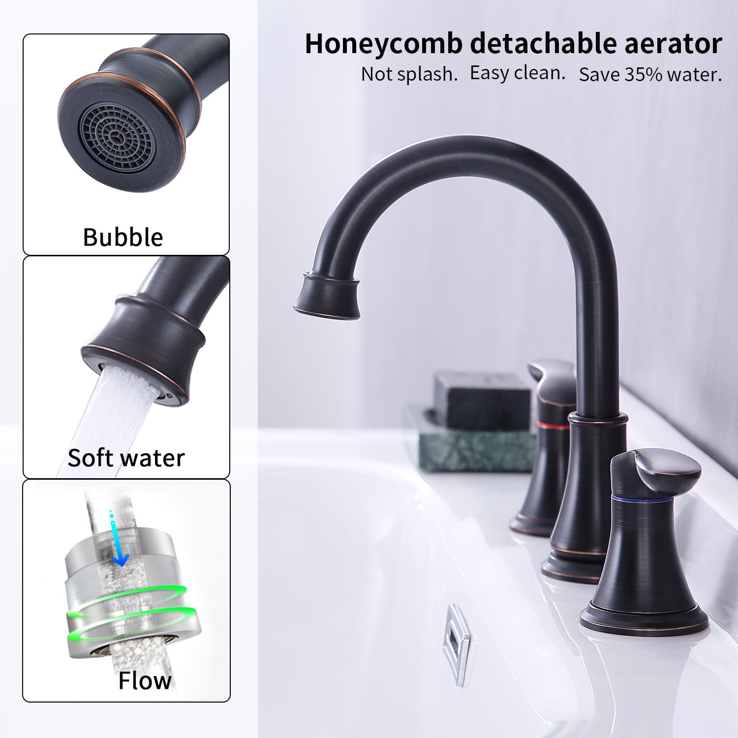 ORB 2-Handle 8-Inch Widespread Bathroom Faucet, 3-Hole Lavatory Faucet with 360° Swivel Spout, Pop-Up Drain Assembly & cUPC Water Supply Hoses