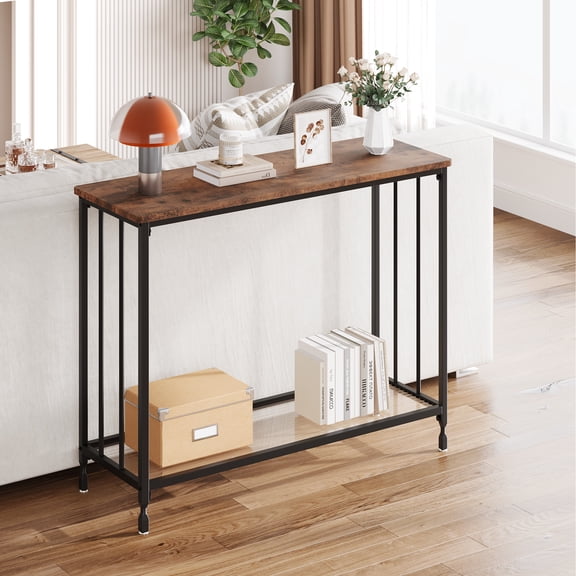 33.5" Narrow Console Table, Industrial Metal Frame with Glass Shelf, Slim Sofa Table for Behind Couch, Hallway, Living Room, Foyer