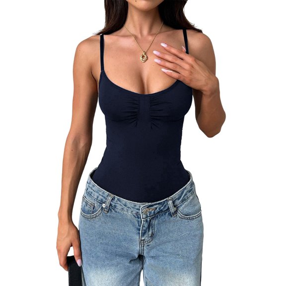 Womens U Neck Adjustable Spaghetti Strap Tight Tank Tops Casual Workout Basic Camisole Tops Navy Blue L