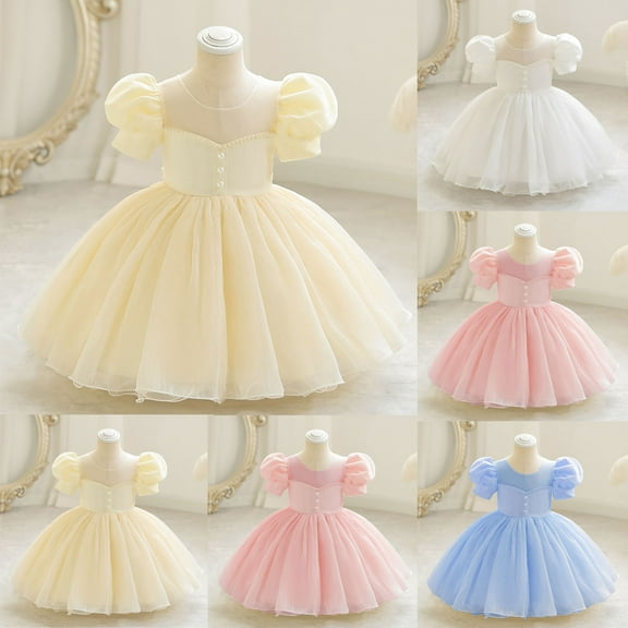 Miluxas Girls Tulle Princess Wedding Baptism Dress Puff Sleeves for Toddler Baby Girl Yellow 2-3Years