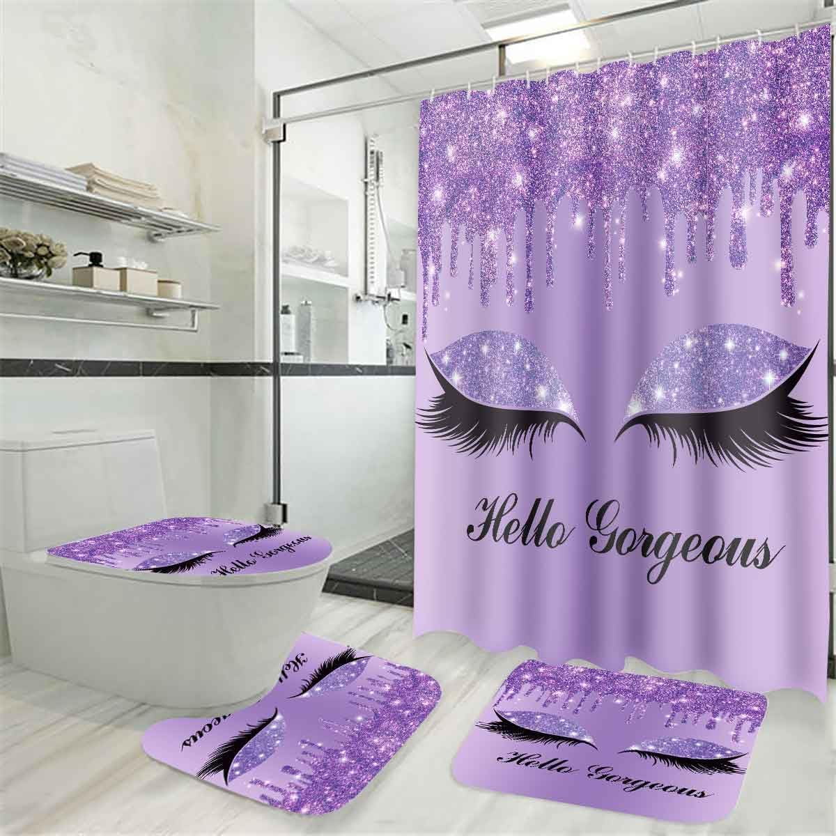 Purple Pretty Eyelash Shower Curtain Set, 4PCS Hello Gorgeous Kids Bathroom Sets with Shower Curtain and Rugs, Toilet Lid Cover, Bath Mat and U Shaped Rug, 12 Hooks