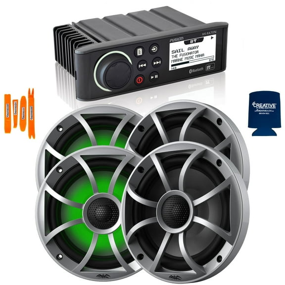 Fusion MS-RA70N Marine AM/FM/BT/NEMA2000 Stereo with 2 Pair RECON 6-S RGB High Output 6.5" RGB Lighting Marine Coaxial Speakers, Silver Grill