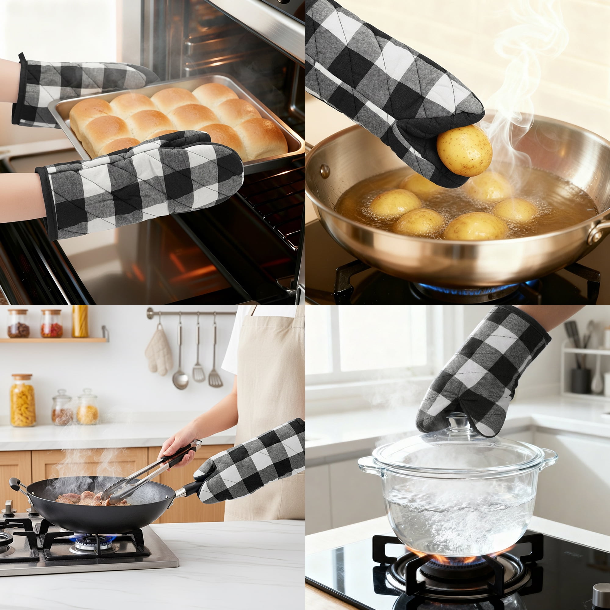 Unique Bargains 2pcs Soft Heat-Resistant Thick Cotton Lining Oven MittsBlack 11.4" x 5.9"