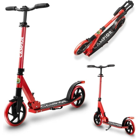 Campior Kick Scooter for Ages 6+, For Kids, Teens, and Adults, Max Load 240 LBS, Foldable, 8-inch Big Wheels for Kids and Adults, With Kickstand, 3 Adjustable Levels, Child Safety Approved, Red