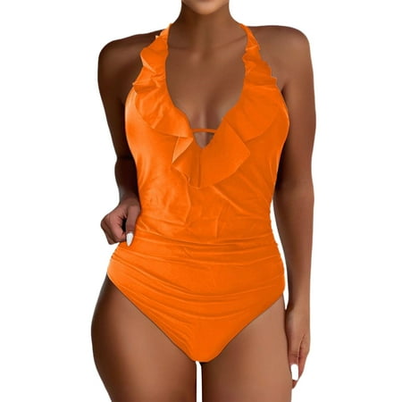 Biziza One Piece Swimsuit for Women Solid Color Basic Orange with Built in Bra 2025 Trendy Padded Backless Tummy Control Swimsuits V Neck Spandex Bathing Suits