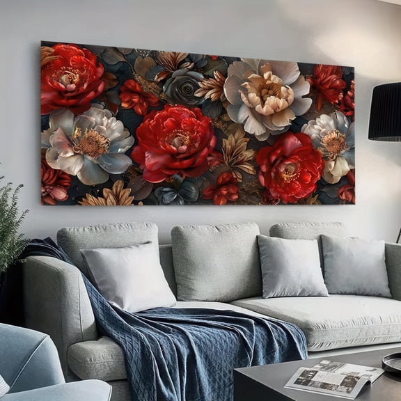 Elegant Floral Canvas Wall Art 48x24 Inch Framed Print for Living Room Bedroom Decor