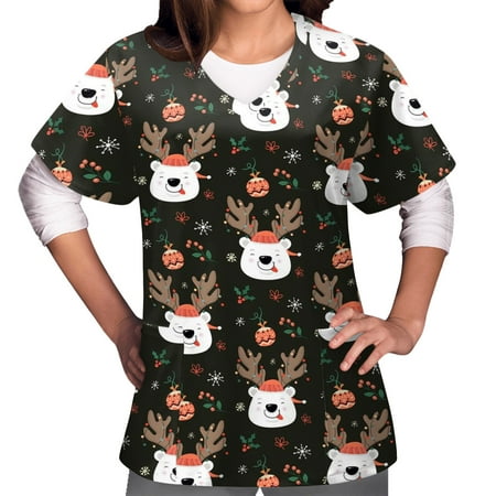 

SHOPESSA Women Summer Tops Womans Plus-size Casual Tops S-2XL Short Sleeve V-neck Christmas Print Overalls With Pocket Tops Great Gifts for Less on Clearance