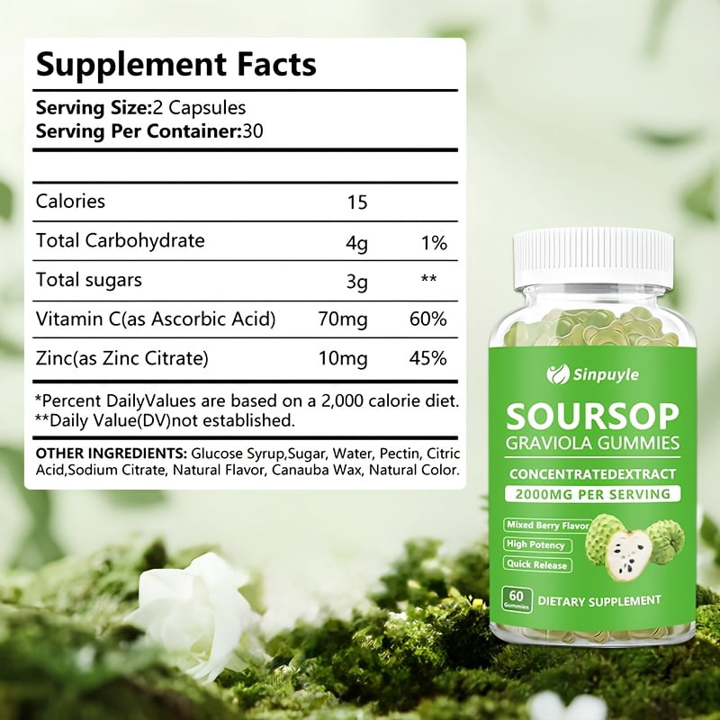 Soursop Graviola Gummies 2000mg Per Serving, 60 Count - Mixed Berry Flavor High Potency Immune Support Supplement