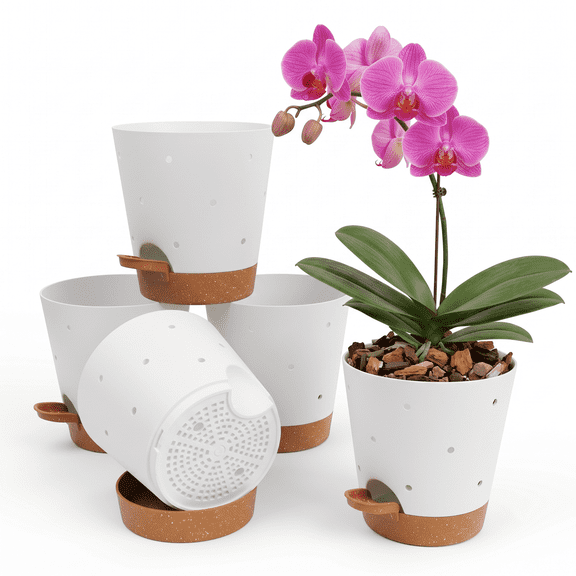 6 Inch White Plastic Flower Pots Set of 5, Self-Watering with Saucer, Drainage & Breathable Holes