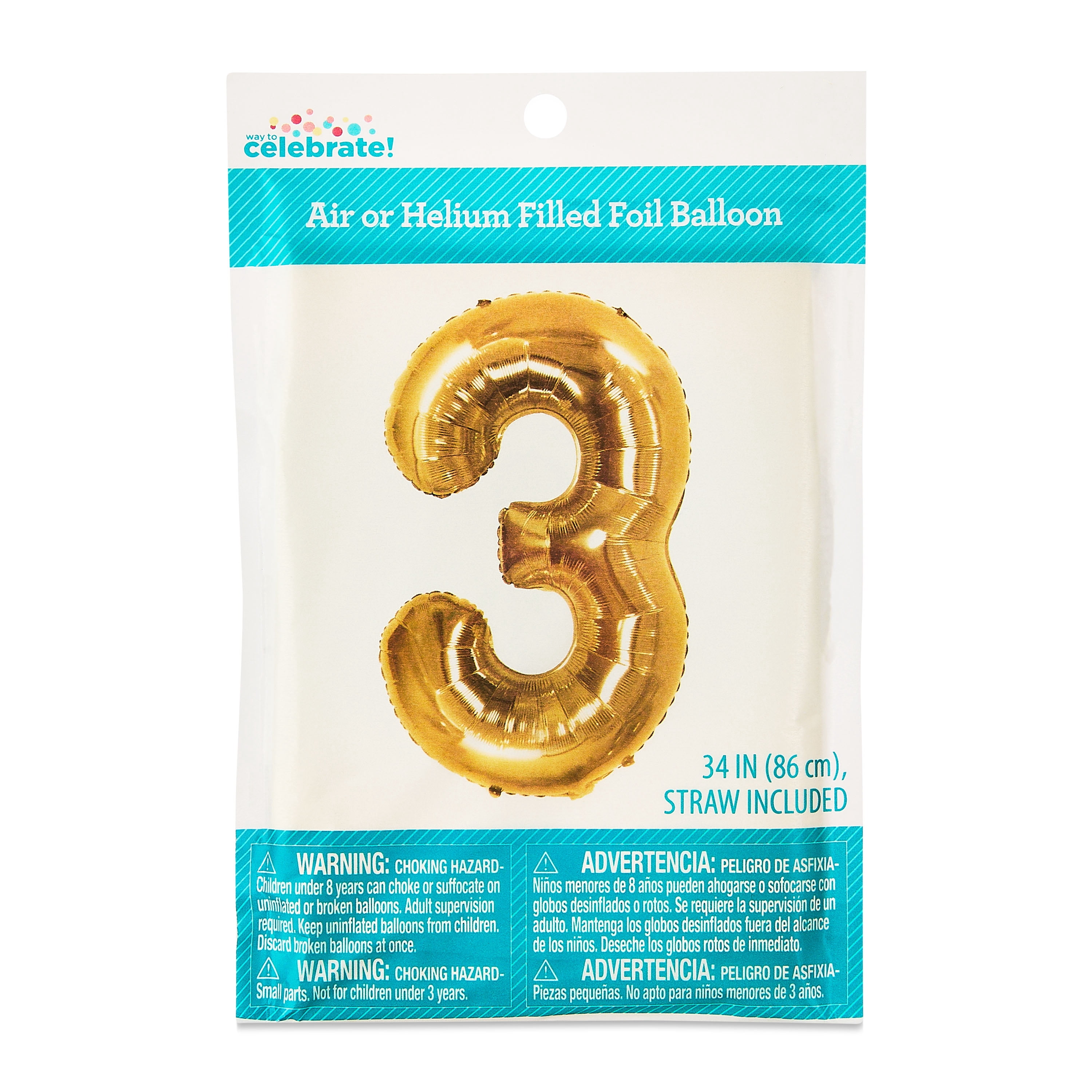34" Gold Number 3 Foil Balloon, by Way To Celebrate