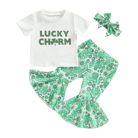 

Baby Girls Print Spring Summer St. Patric.k s Day Short Sleeve Tops Tshirt Bell Bottom Headbands Set Outfits Clothes Junior Sweat Suits Girls