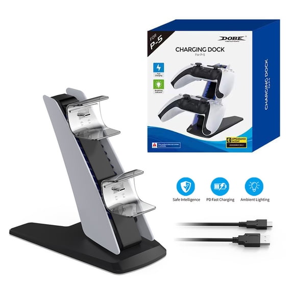 PS5 DualSense Wireless Controller Dual Charging Dock - Plane-Style Design, 2-Slot Charger for PS5 Game Controllers, Soft Blue LED Accent Light, Fast Charging, Anti-Slip Stable Base