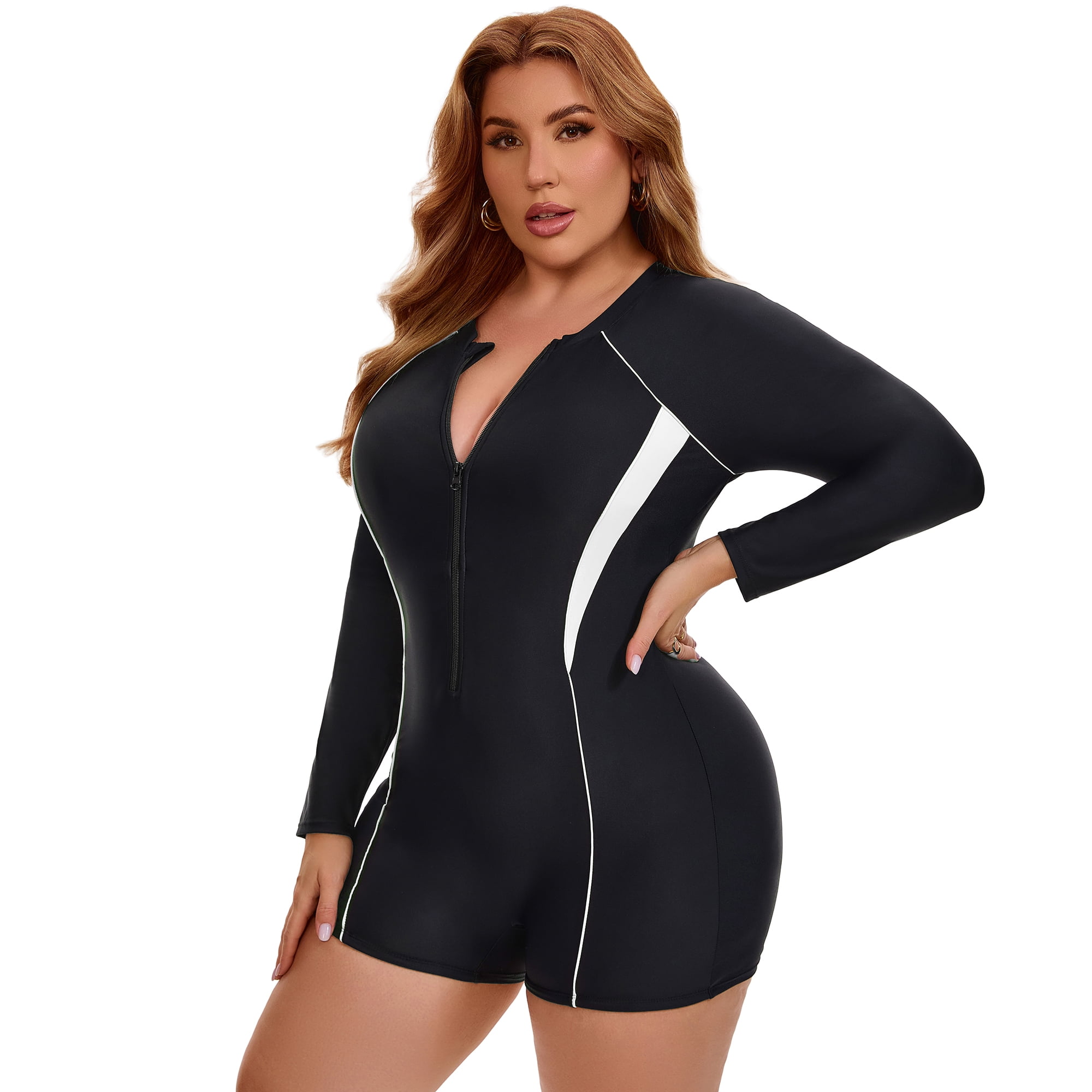 DARING DIVA Women's Plus Long Sleeve Surfing Bathing 1 Suit 1X Black White