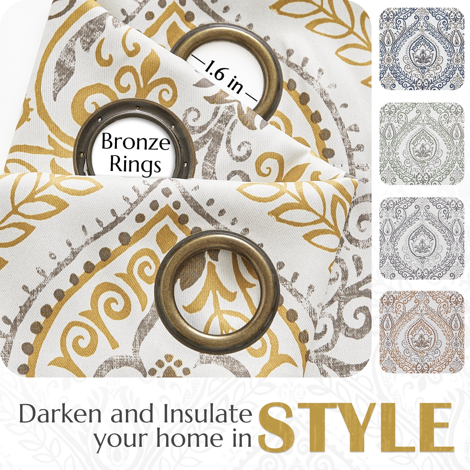 Curtainking 100% Blackout Curtains 84 in Yellow Damask Medallion Window Curtains for Bedroom Grommet Thermal Insulated Drapes for Living Room Vintage Luxury Window Treatments Set 2 Panels