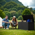 thumbnail image 6 of XYTREW 80 Gallon Deck Box, Waterproof Resin Outdoor Storage Box for Outside and Patio, Outdoor Storage Bench Lockable for Patio Furniture, Garden Tools and Pool Supplies (Black, 80 Gallon), 6 of 14