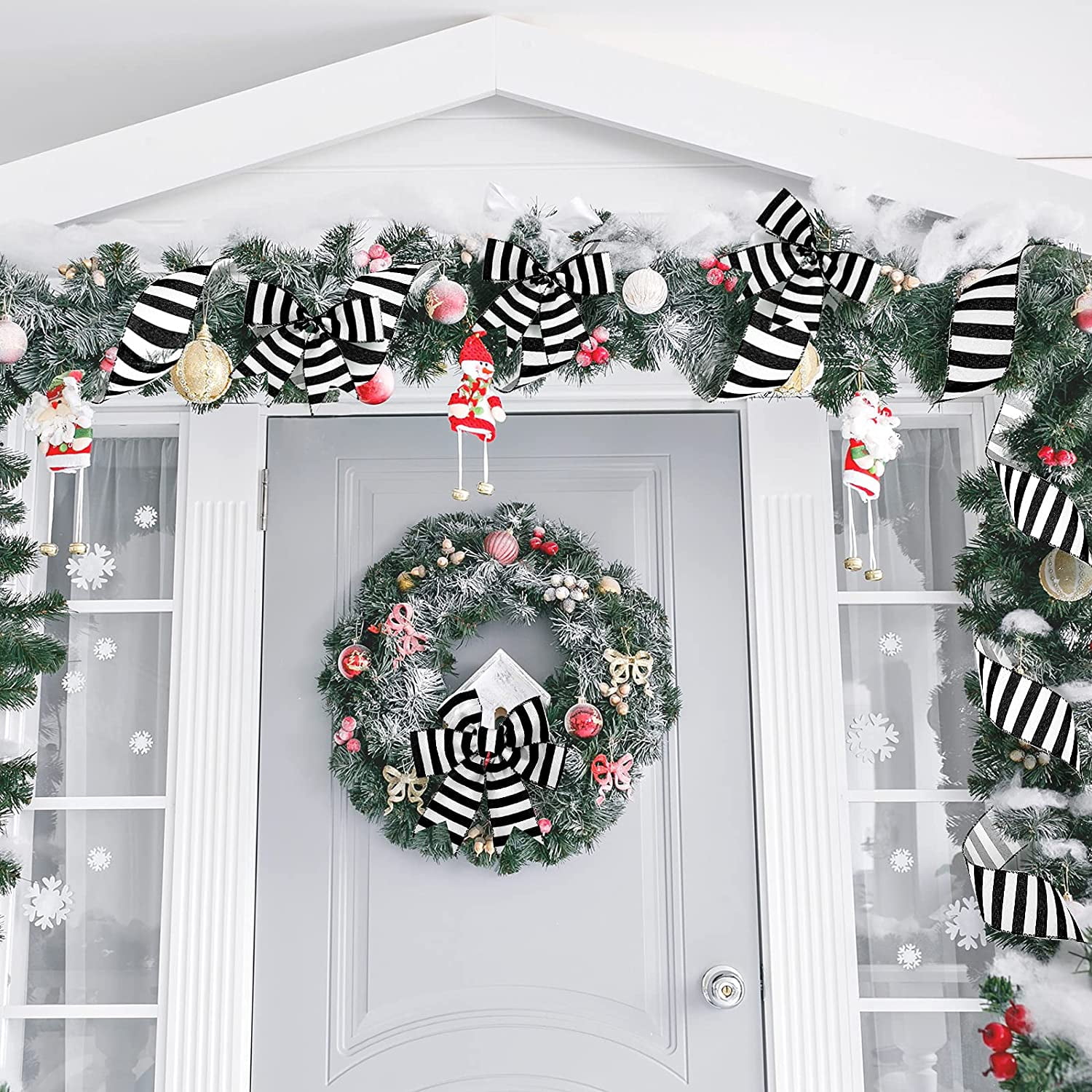 ABPETE 20 Yards 2 Rolls Black and White Ribbon Horizontal Striped Decorative Garland Ribbons Spiral Wired Ribbon for Christmas Tree Decor Xmas Wrapping DIY Crafts Decoration(Stripe,2.5 Inch Wide)
