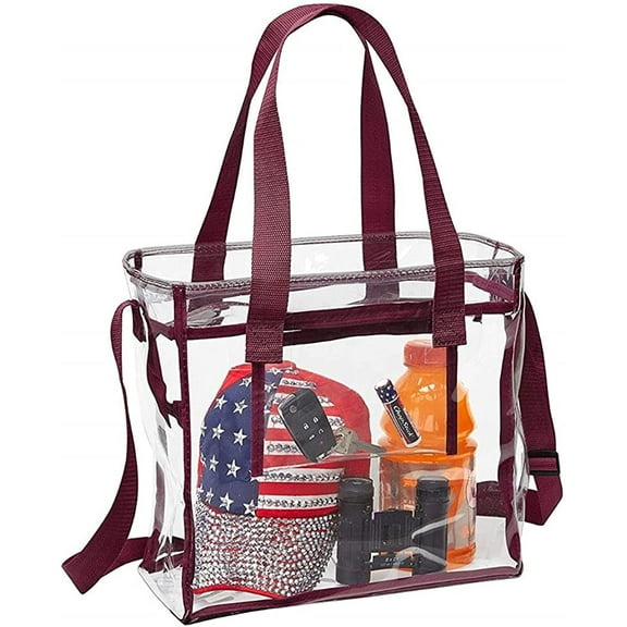 Clear 12 x 12 x 6 Stadium Tote Bag with Side Pocket and 35" Shoulder Straps Burgundy Deluxe